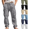 thumbnail image 1 of WULMLEO Mens Casual Linen Cargo Pants Summer Elastic Waist Straight Leg Pants Beach Trousers with Cargo Pockets Dark Gray XL, 1 of 5
