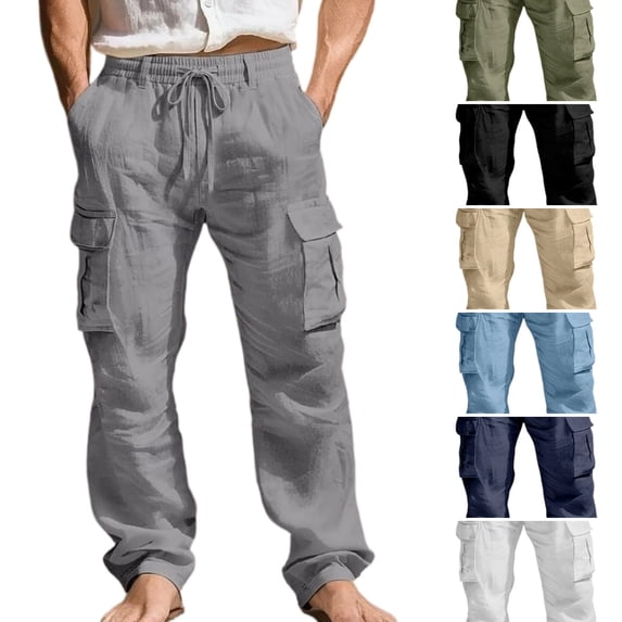 WULMLEO Mens Casual Linen Cargo Pants Summer Elastic Waist Straight Leg Pants Beach Trousers with Cargo Pockets Dark Gray XL