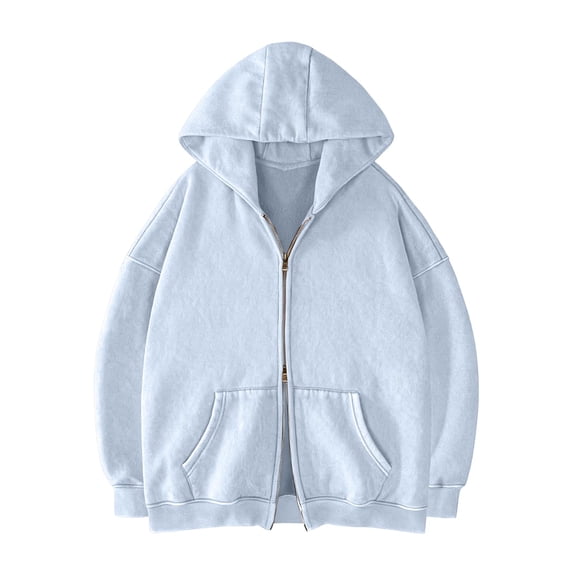 WULMLEO Mens Double Zip Up Hoodie Oversized Acid Wash Heavyweight Fleece Cotton Hoodies Vintage Fashion Sweatshirts with Pocket Sky Blue 2XL