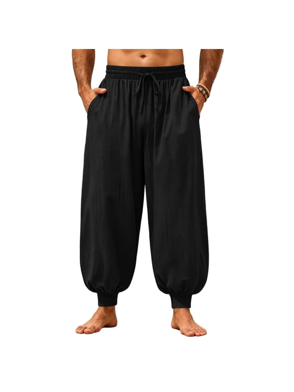 Mens Harem Pants Casual Elastic Waist Drawstring Baggy Hippie Trousers Cotton Linen Boho Yoga Beach Pants Black 3XL