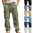 thumbnail image 1 of WULMLEO Mens Linen Cargo Pants Relaxed Fit Drawstring Waist Beach Slacks with Pockets Casual Summer Lightweight Trousers Army Green 3XL, 1 of 5
