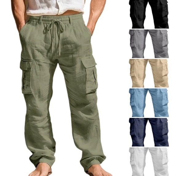 WULMLEO Mens Linen Cargo Pants Relaxed Fit Drawstring Waist Beach Slacks with Pockets Casual Summer Lightweight Trousers Army Green 3XL