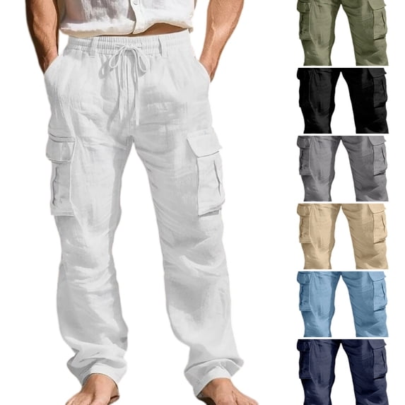WULMLEO Mens Linen Cargo Pants Summer Casual Elastic Waist Pants Relaxed Fit Beach Yoga Travel Lounge Trousers with Pockets White 3XL