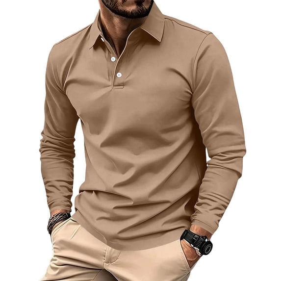 WULMLEO Mens Long Sleeve Polo Shirts Solid Color Button Slim Fit Collared Tshirts Business Casual Tops Tennis Golf Tees Brown XL