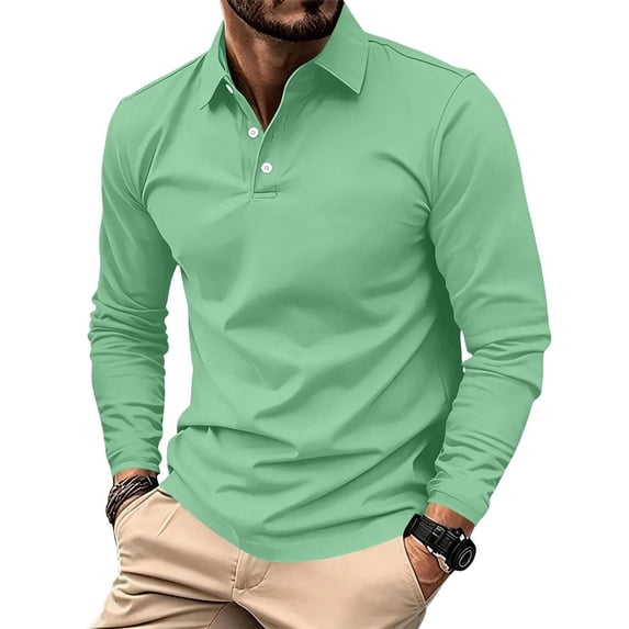 WULMLEO Mens Long Sleeve Polo Shirts Solid Color Button Slim Fit Collared Tshirts Business Casual Tops Tennis Golf Tees Green XL