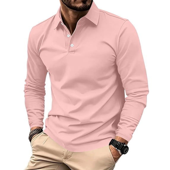 WULMLEO Mens Long Sleeve Polo Shirts Solid Color Button Slim Fit Collared Tshirts Business Casual Tops Tennis Golf Tees Pink L