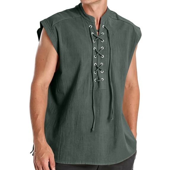 WULMLEO Mens Pirate Vest, Renaissance Tops Medieval Sleeveless Shirts Gothic Costumes Vampire Cosplay Cotton Outfits Dark Green 2XL