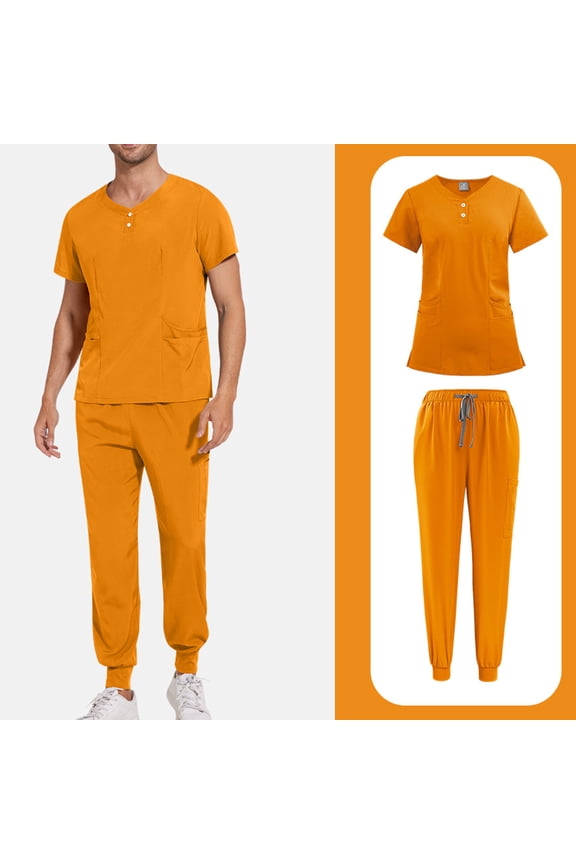 Mens Scrubs Outfits 2 Piece Crew Neck Stretch Scrub Sets Medical Short Sleeve Casual Nurse Uniform Shirts and Joggers Button Comfortable Working Petite Nursing Workwear Orange XL