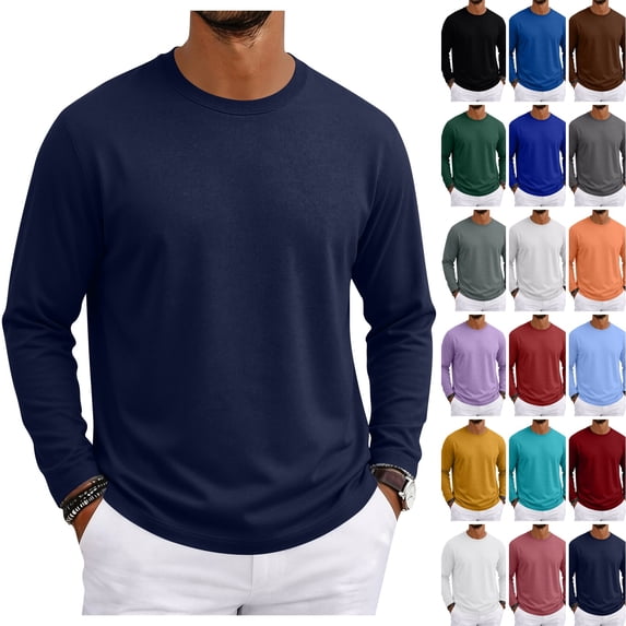WULMLEO Mens Shirts Basic Long Sleeve Crew Neck Loose Fit Basic Layering Top 2026 Soft Breathable Ribbed Neckline Tees Casual Comfy T-shirts Navy S