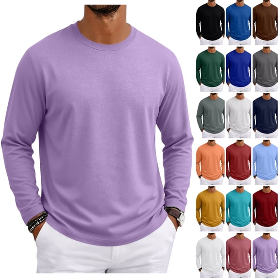 WULMLEO Mens Shirts Basic Long Sleeve Crew Neck Loose Fit Basic Layering Top 2026 Soft Breathable Ribbed Neckline Tees Casual Comfy T-shirts Purple XL