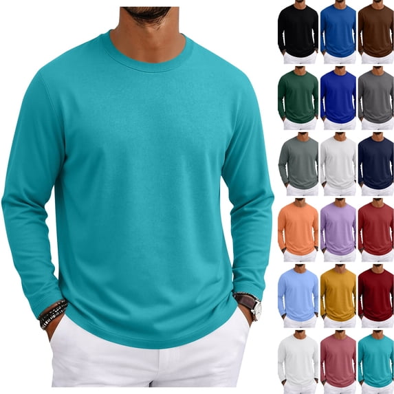 WULMLEO Mens Shirts Basic Long Sleeve Crew Neck Loose Fit Basic Layering Top 2026 Soft Breathable Ribbed Neckline Tees Casual Comfy T-shirts Turquoise XL