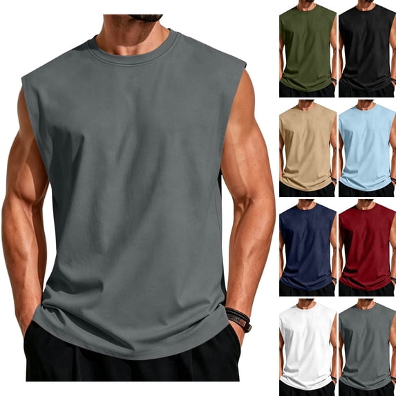 WULMLEO Mens Sleeveless Shirts Cotton Workout Tank Tops Cut Off Gym Muscle Loose Fit Tees Dark Gray S