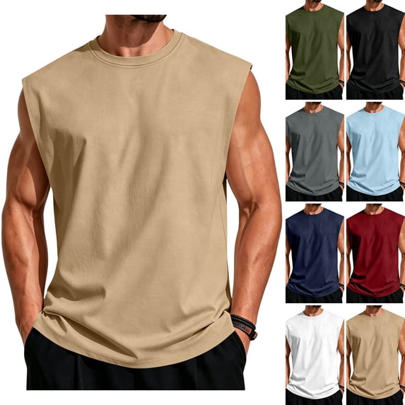 WULMLEO Mens Sleeveless Shirts Cotton Workout Tank Tops Cut Off Gym Muscle Loose Fit Tees Khaki 2XL