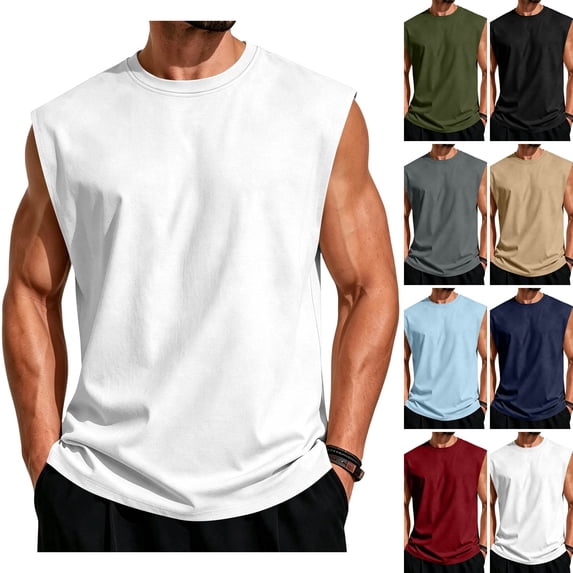 WULMLEO Mens Sleeveless Shirts Cotton Workout Tank Tops Cut Off Gym Muscle Loose Fit Tees White XL