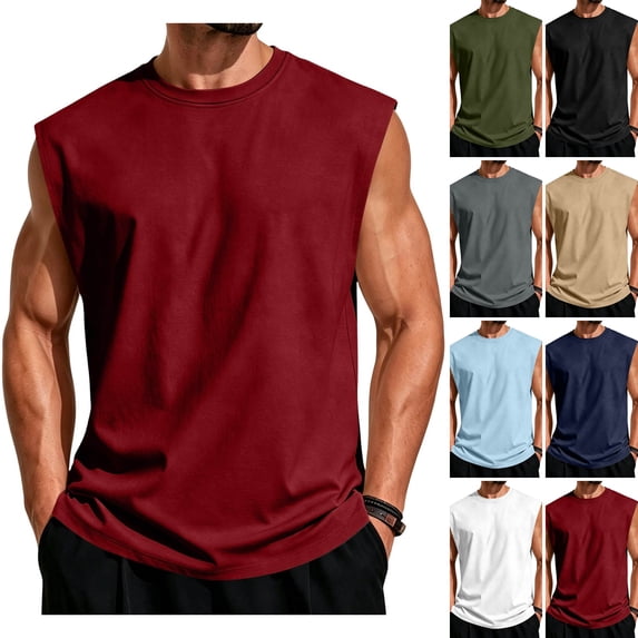 WULMLEO Mens Sleeveless Shirts Cotton Workout Tank Tops Cut Off Gym Muscle Loose Fit Tees Wine M