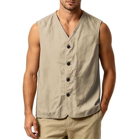 WULMLEO Mens Summer Casual Cotton Linen Vest Tanks Lightweight Sleeveless Beach Wedding Shirts Khaki Cotton-Linen Blend