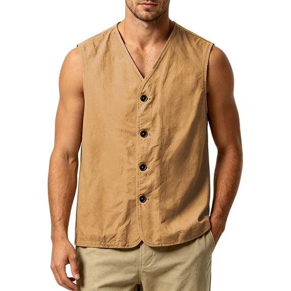 WULMLEO Mens Summer Casual Cotton Linen Vest Tanks Lightweight Sleeveless Beach Wedding Shirts Light Brown Cotton-Linen Blend