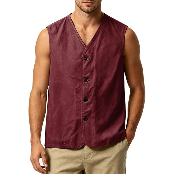 WULMLEO Mens Summer Casual Cotton Linen Vest Tanks Lightweight Sleeveless Beach Wedding Shirts Wine Cotton-Linen Blend