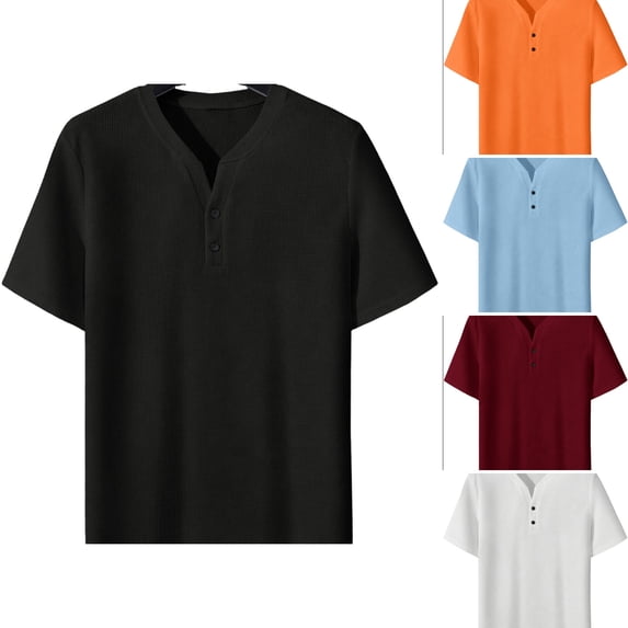 WULMLEO Mens T-Shirts Casual Summer Short Sleeve Athletic Work Tops Gym Workout Fashion Henley Shirts Black XL