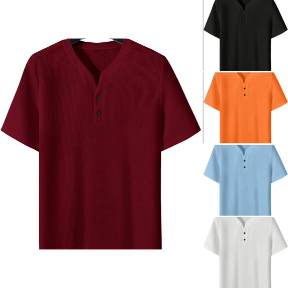 WULMLEO Mens T-Shirts Casual Summer Short Sleeve Athletic Work Tops Gym Workout Fashion Henley Shirts Wine 2XL