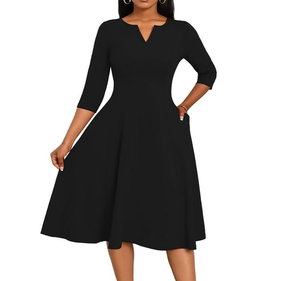 WULMLEO Midi Dresses for Women Plus Size A-Line Fit and Flare Dress 3/4 Sleeve V Neck Cocktail Wedding Guest Work Dress with Pockets Black L