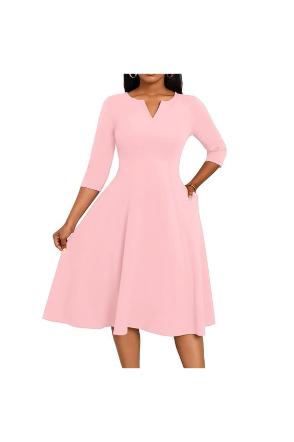 Midi Dresses for Women Plus Size A-Line Fit and Flare Dress 3/4 Sleeve V Neck Cocktail Wedding Guest Work Dress with Pockets Pink 2XL