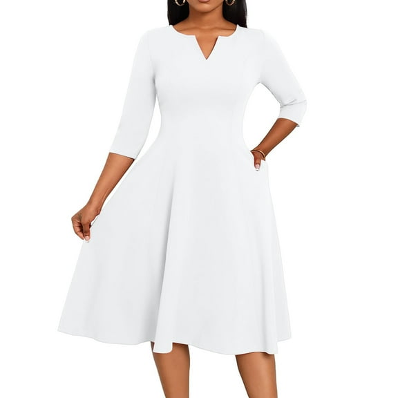 WULMLEO Midi Dresses for Women Plus Size A-Line Fit and Flare Dress 3/4 Sleeve V Neck Cocktail Wedding Guest Work Dress with Pockets White XL