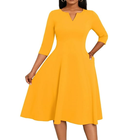 WULMLEO Midi Dresses for Women Plus Size A-Line Fit and Flare Dress 3/4 Sleeve V Neck Cocktail Wedding Guest Work Dress with Pockets Yellow 2XL