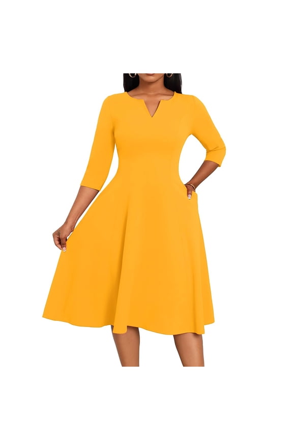 Midi Dresses for Women Plus Size A-Line Fit and Flare Dress 3/4 Sleeve V Neck Cocktail Wedding Guest Work Dress with Pockets Yellow M