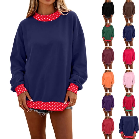 WULMLEO Mock Neck Sweatshirt for Women Long Sleeve Polka Dot Oversized Sweatshirt Navy M