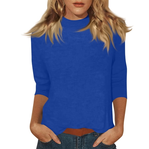 WULMLEO Mock Neck Tops for Women 3/4 Sleeve Dressy Casual T Shirts Loose Fit Solid Work Blouses Lightweight Spring Outfits 2026 Dark Blue S