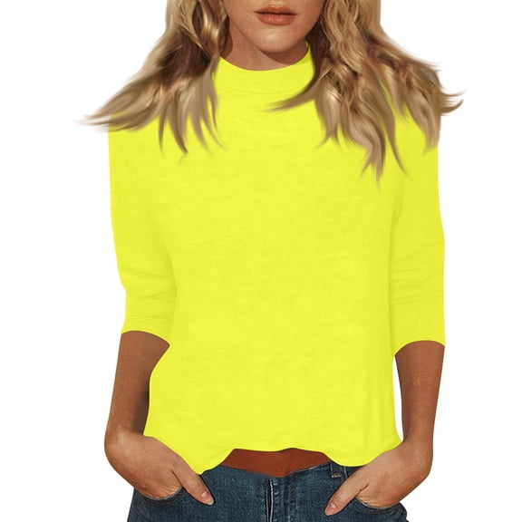 WULMLEO Mock Neck Tops for Women 3/4 Sleeve Dressy Casual T Shirts Loose Fit Solid Work Blouses Lightweight Spring Outfits 2026 Fluorescence Yellow S