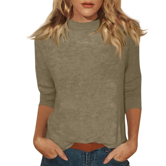 WULMLEO Mock Neck Tops for Women 3/4 Sleeve Dressy Casual T Shirts Loose Fit Solid Work Blouses Lightweight Spring Outfits 2026 Khaki S