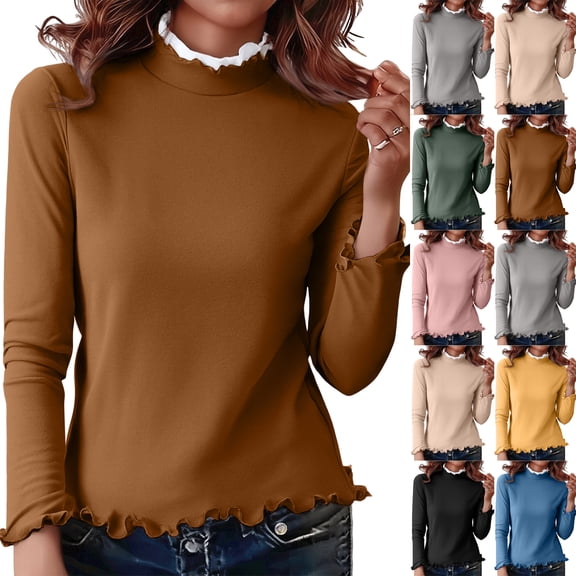 WULMLEO Mock Neck Tops for Women Trendy Slim Fit Lettuce Trim Long Sleeve Shirts Warm Layering Thermal Undershirt Coffee L