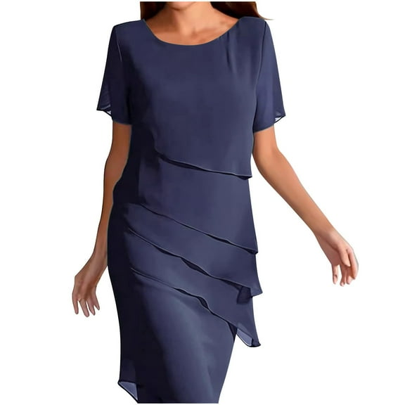 WULMLEO Mother of The Bride Dress for Wedding Summer Flowy Tiered Chiffon Ruffle Midi Evening Gown Mother Dresses Dark Blue M