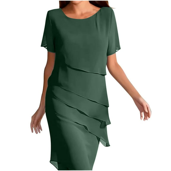 WULMLEO Mother of The Bride Dress for Wedding Summer Flowy Tiered Chiffon Ruffle Midi Evening Gown Mother Dresses Dark Green XL