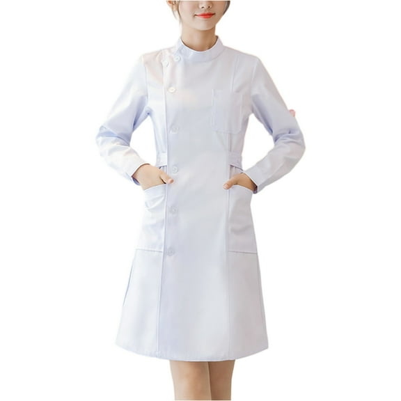 WULMLEO Scrubs Dress for Women Wrap Knee Length Casual Long Sleeve Nursing Dresses with Pockets White L