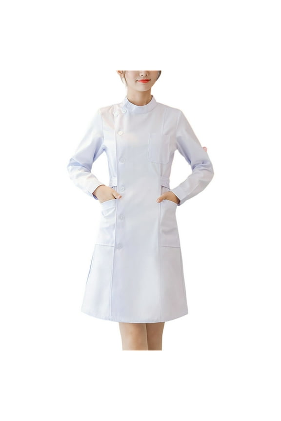 Scrubs Dress for Women Wrap Knee Length Casual Long Sleeve Nursing Dresses with Pockets White L