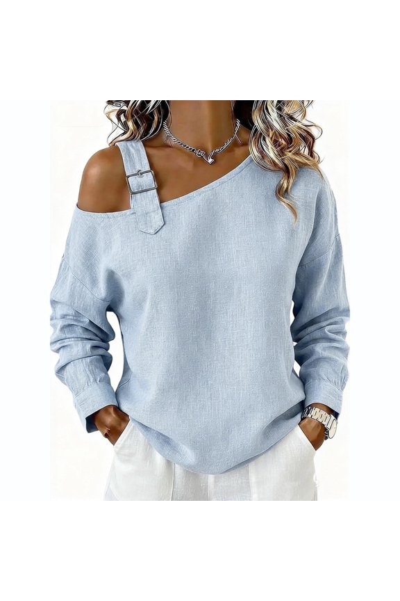 One Shoulder Blouse for Women Strap Long Sleeve Casual Tops for Work Casual Black M