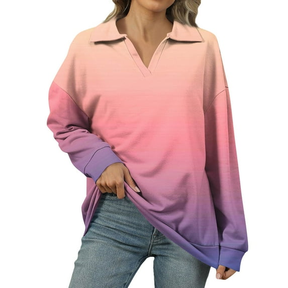 WULMLEO Oversized Sweatshirt for Women Casual Long Sleeve V Neck Shirts Fleece Loose Fit Pullover Tops Fall Fashion Tie Dye Purple Pink M