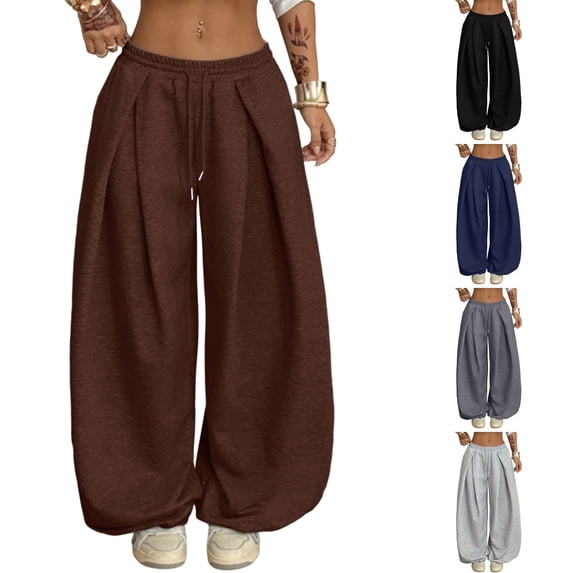 WULMLEO Oversized Wide Leg Baggy Sweatpants for Women Elastic Waist Casual Pants With Pockets Coffee M