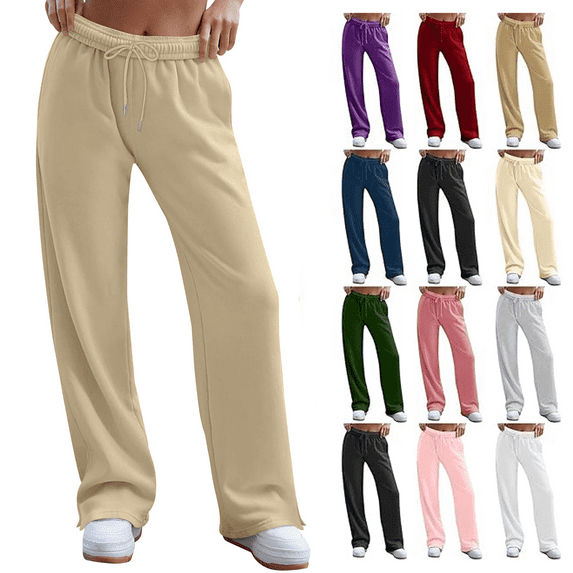 WULMLEO Pants for Women, Drawstring Elastic Waist Sweatpants Stretch Loose Fit Comfy Wide Straight Leg Sweat Pant Light Plus Size Summer Mujer Joggers Khaki XL