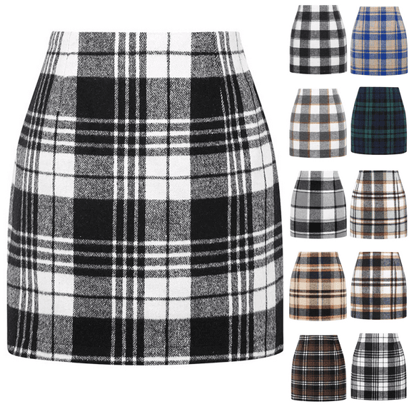 WULMLEO Plaid Skirts for Women High Waisted Pencil Mini Skirt Vintage Christmas Buffalo Plaid Skirt Bodycon Wool Winter Skirts Black XL