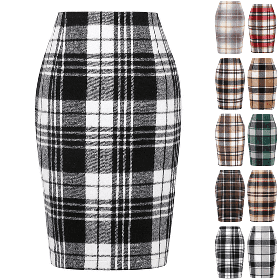 WULMLEO Plaid Skirts for Women Knee Length High Waisted Long Plaid Skirt Tartan Pencil Skirt Fall Holiday Tweed Midi Skirts Black L