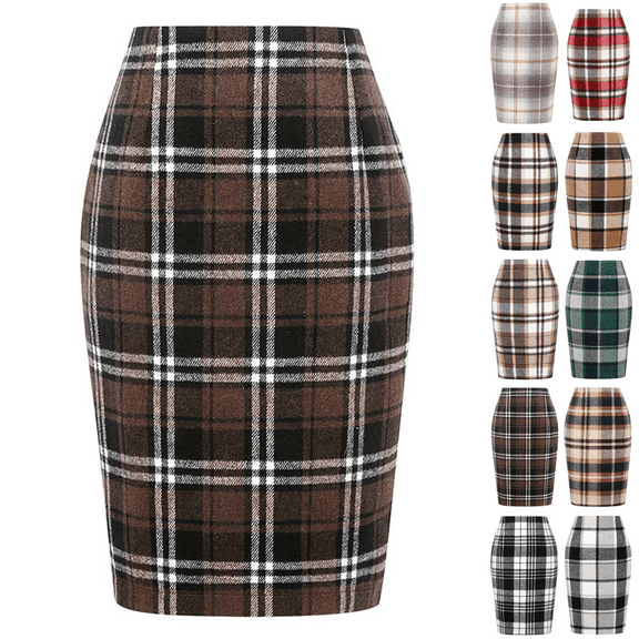 WULMLEO Plaid Skirts for Women Knee Length High Waisted Long Plaid Skirt Tartan Pencil Skirt Fall Holiday Tweed Midi Skirts Coffee XL