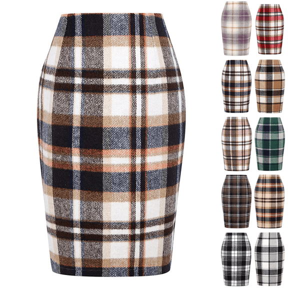WULMLEO Plaid Skirts for Women Knee Length High Waisted Long Plaid Skirt Tartan Pencil Skirt Fall Holiday Tweed Midi Skirts Light Brown XL