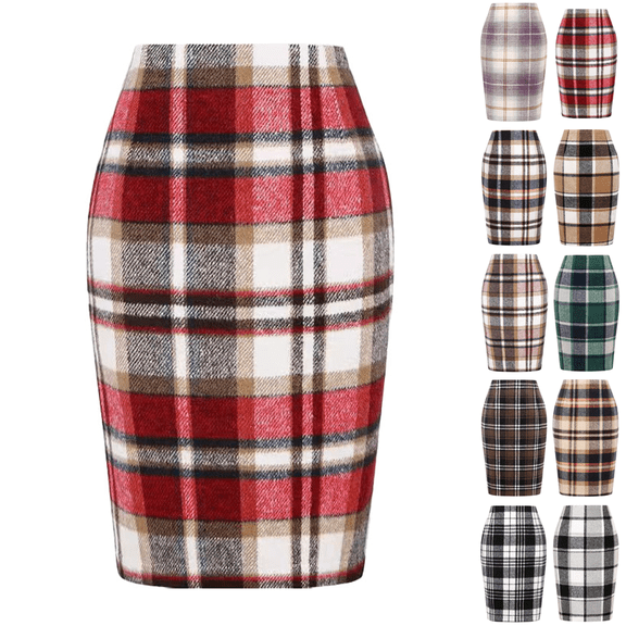 WULMLEO Plaid Skirts for Women Knee Length High Waisted Long Plaid Skirt Tartan Pencil Skirt Fall Holiday Tweed Midi Skirts Red L