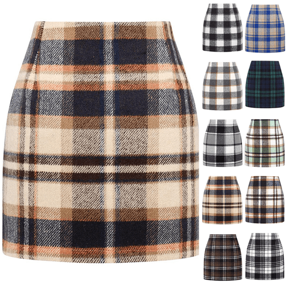 WULMLEO Plaid Skirts for Women Vintage Elegant High Waisted Mini Skirt Aesthetic Comfy Bodycon Stretch Short Pencil Skirt Light Brown L