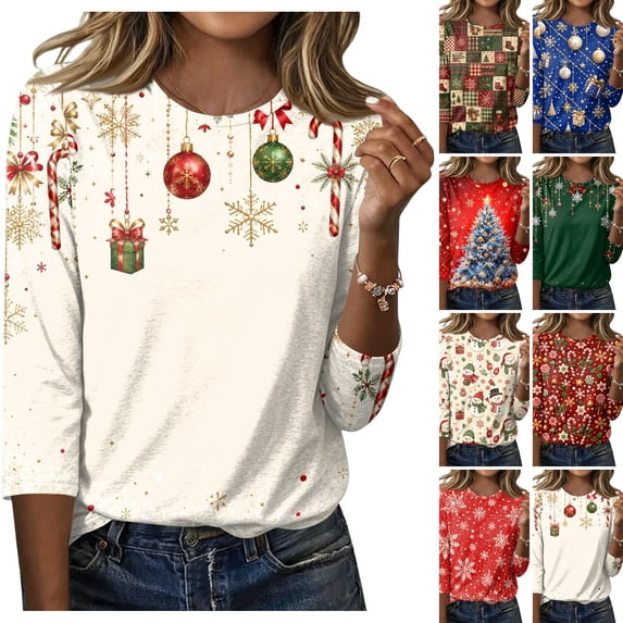 WULMLEO Plus Size Christmas Tree Printed Tops For Women Crew Neck 3/4 Sleeve Tees Holiday Shirts White 3XL