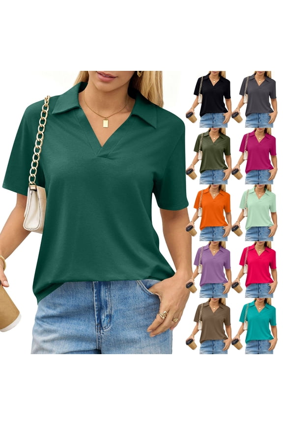 Plus Size Collared Polo Shirts Summer Short Sleeve V Neck Business Tops for Women Dark Green S